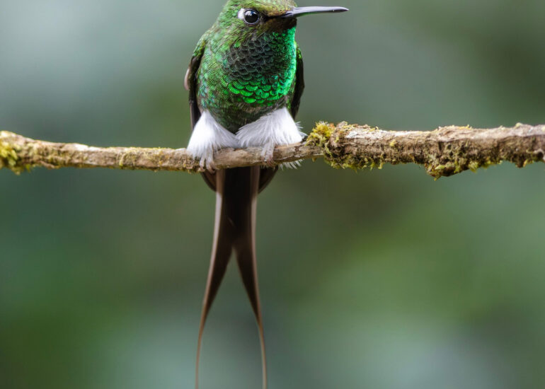Colibrí Cola de Raqueta (ocreatus underwoodii) perchado sobre una rama, exhibiendo sus colores y plumas.